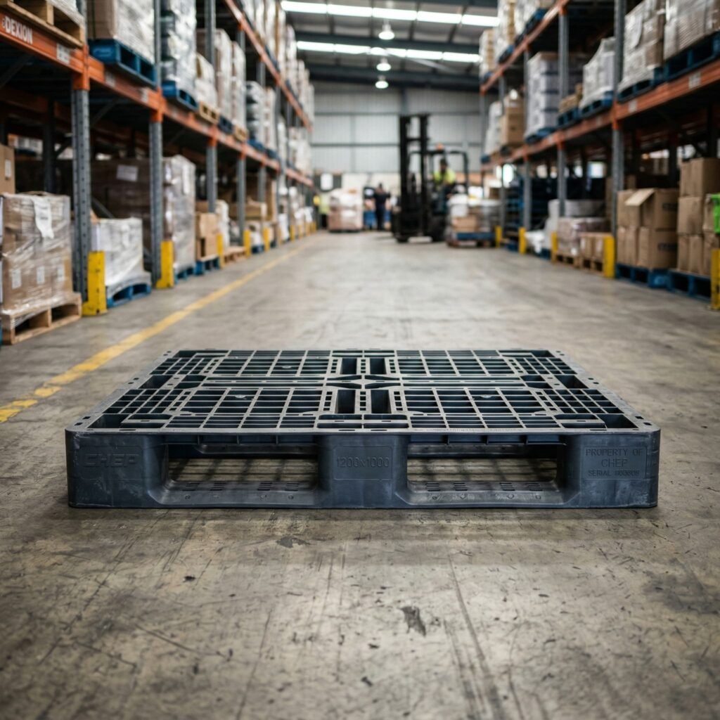 Reusable industrial plastic pallet for stock buyback or recovery