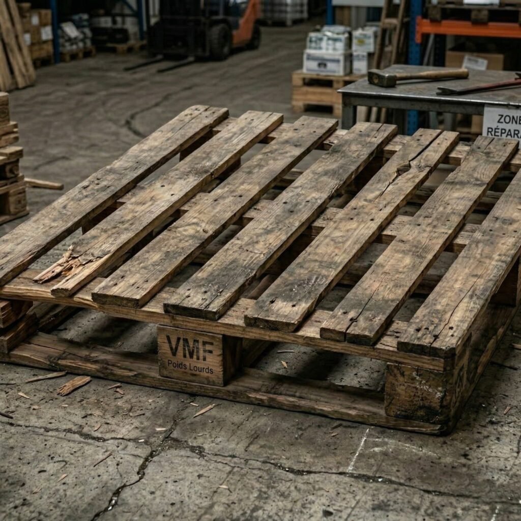 Damaged heavy-duty industrial wooden pallet requiring repair assessment