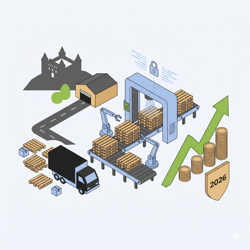 Illustration vectorielle isométrique minimaliste affichant une silhouette de château pour Angers à gauche, un flux de palettes traversant une arche de sécurité au centre, et une flèche de croissance verte courbée s'élevant au-dessus de pièces d'or et d'un bouclier 2026 à droite.