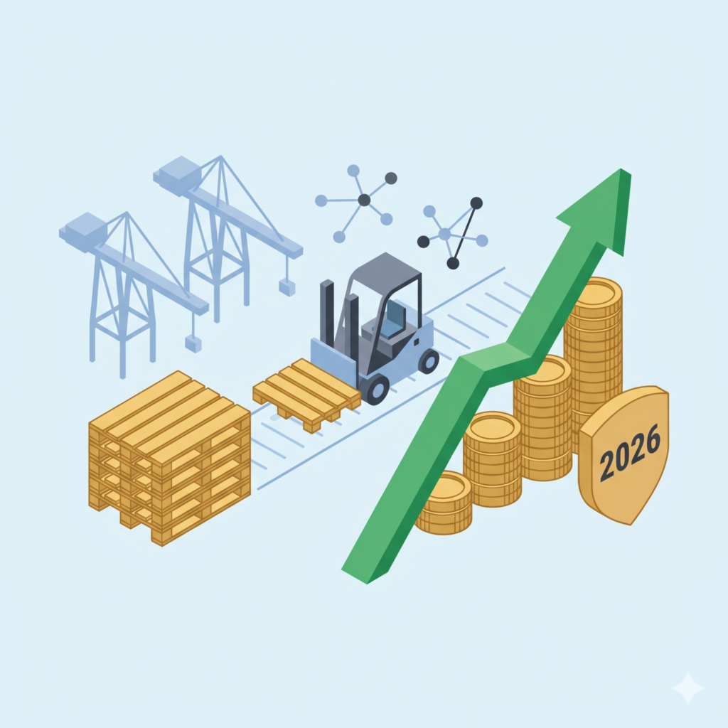 Illustration vectorielle isométrique représentant des palettes et des grues portuaires évoquant le contexte de Marseille, un chariot élévateur gérant l'optimisation des flux logistiques au centre, ainsi qu'une flèche de croissance verte, des piles de pièces de monnaie et un bouclier estampillé 2026 à droite.