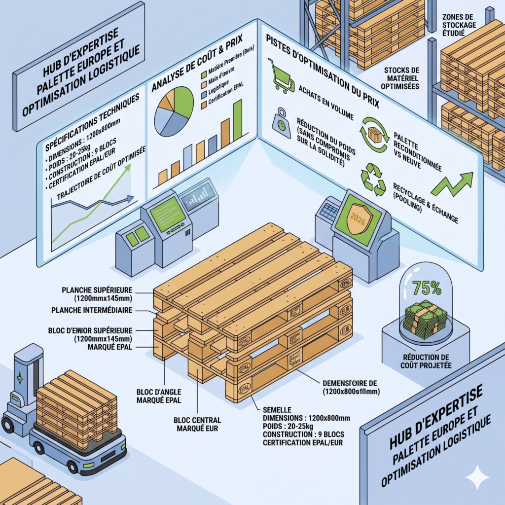 Illustration isométrique détaillant l'anatomie complète et les dimensions d'une palette Europe (EPAL) au sein d'un hub d'expertise logistique. À l'arrière-plan, des panneaux affichent l'analyse des coûts, les pistes d'optimisation des prix, et une projection de réduction budgétaire de 75%.