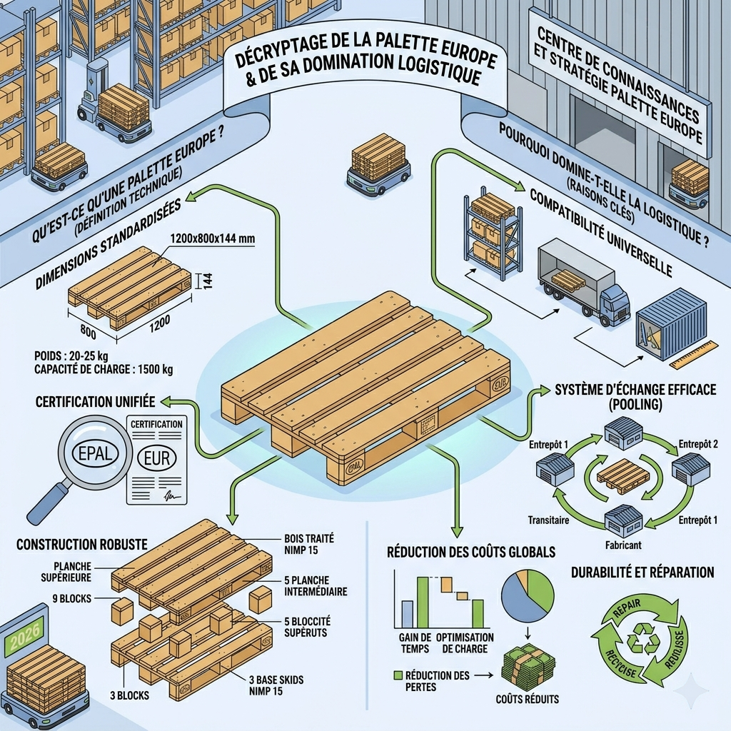 Infographie isométrique expliquant la domination de la palette Europe dans la logistique. Un schéma central relie la palette à ses avantages clés : dimensions standardisées (1200x800mm), certification EPAL unifiée, robustesse de construction, compatibilité universelle avec les transports, et système d'échange efficace (pooling).