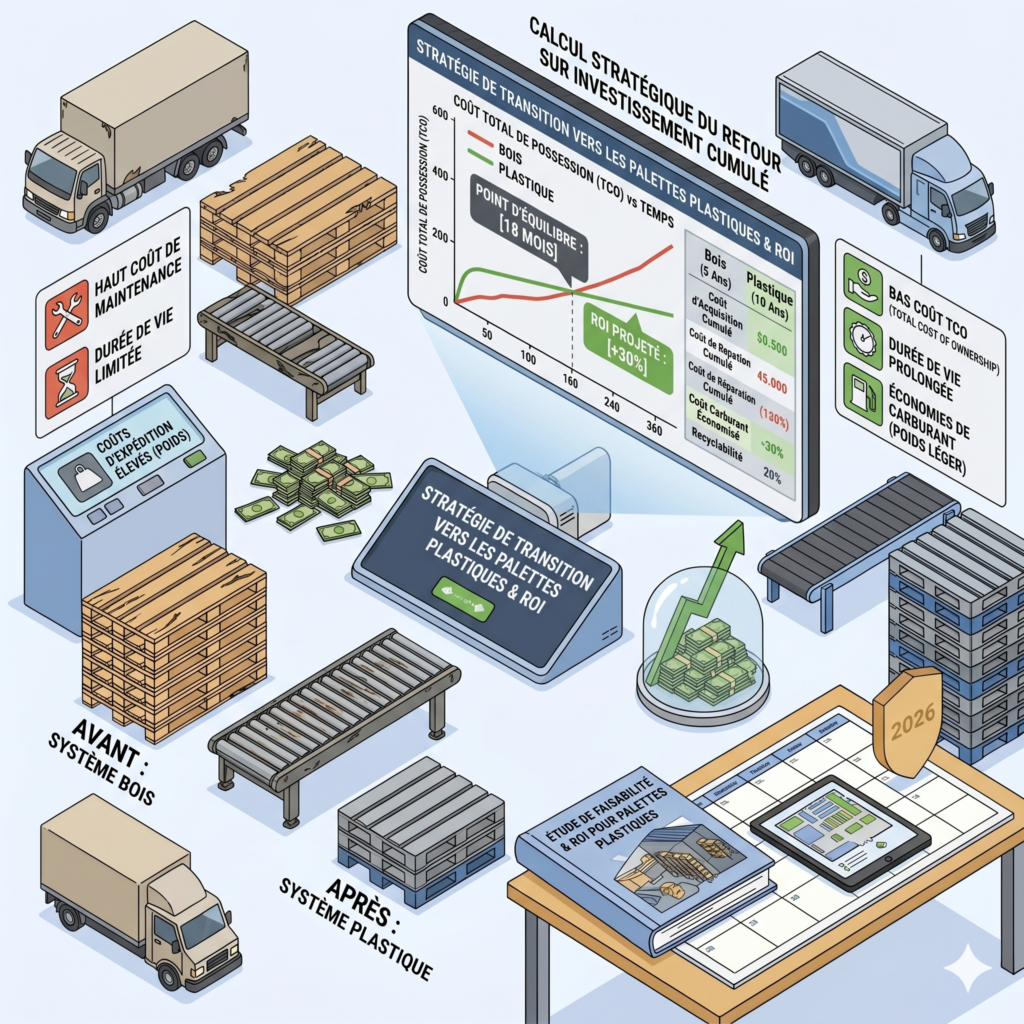 Illustration isométrique détaillant un processus d'automatisation d'entrepôt logistique. Un bras robotique manipule des palettes en bois sur un convoyeur, triées par une machine automatisée. Des piles de pièces en euros avec une flèche verte de croissance et un bouclier marqué '2026' représentent l'investissement et les perspectives d'avenir.