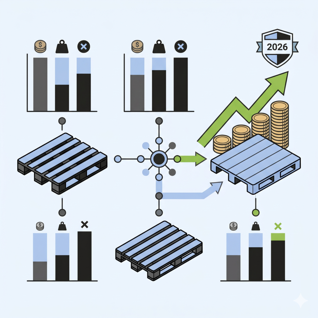 Illustration vectorielle minimaliste au format carré montrant le processus logique pour choisir la palette plastique idéale. Un dashboard de comparaison (haut) évalue trois types de palettes (charges lourdes, export, hygiène) sur des critères clés. Une validation logique (centre) pointe vers l'option optimisée, transformant le choix en performance financière et logistique, symbolisée par une flèche montante verte, des pièces d'or et un jalon '2026' discret. Le style est épuré, utilisant la palette de couleurs stricte.