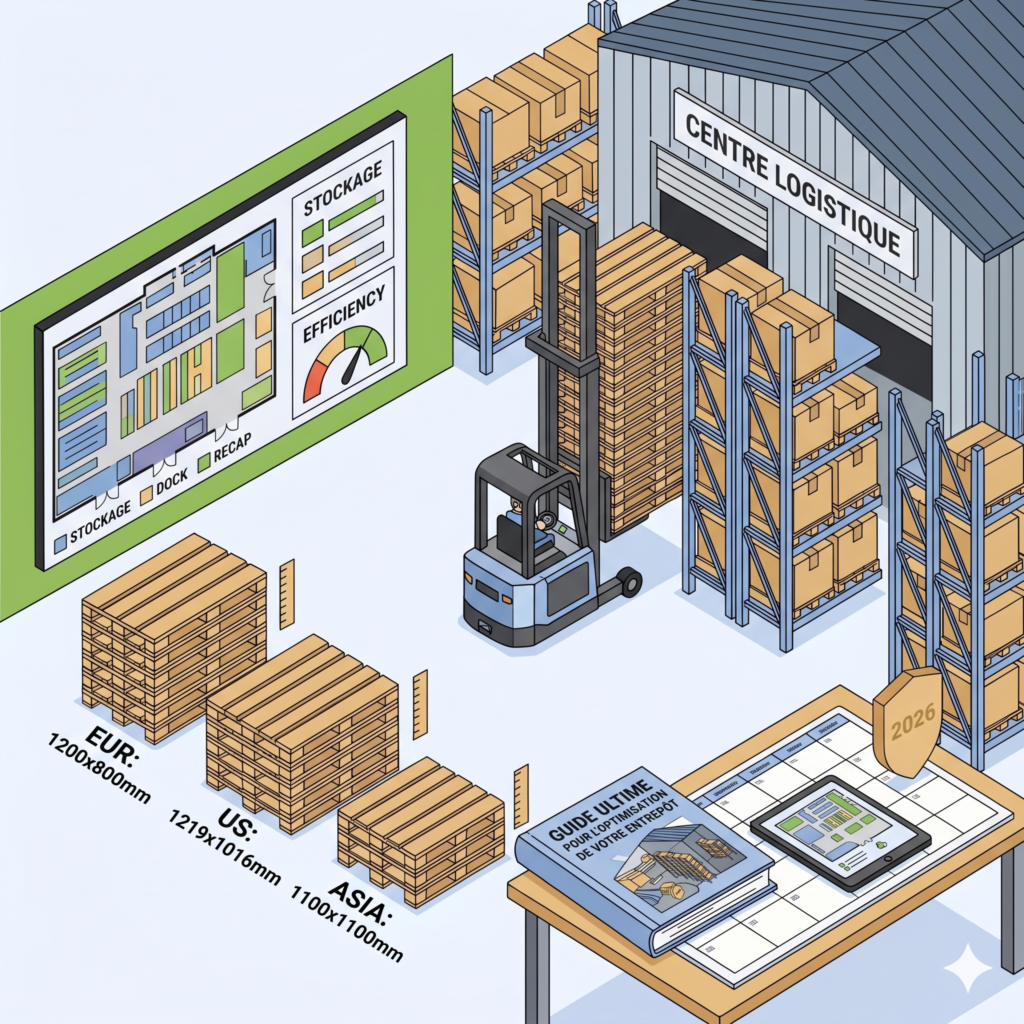 Illustration isométrique détaillant les dimensions standards des palettes (Europe, US, Asie) et les solutions d'optimisation de l'espace de stockage dans un entrepôt logistique.