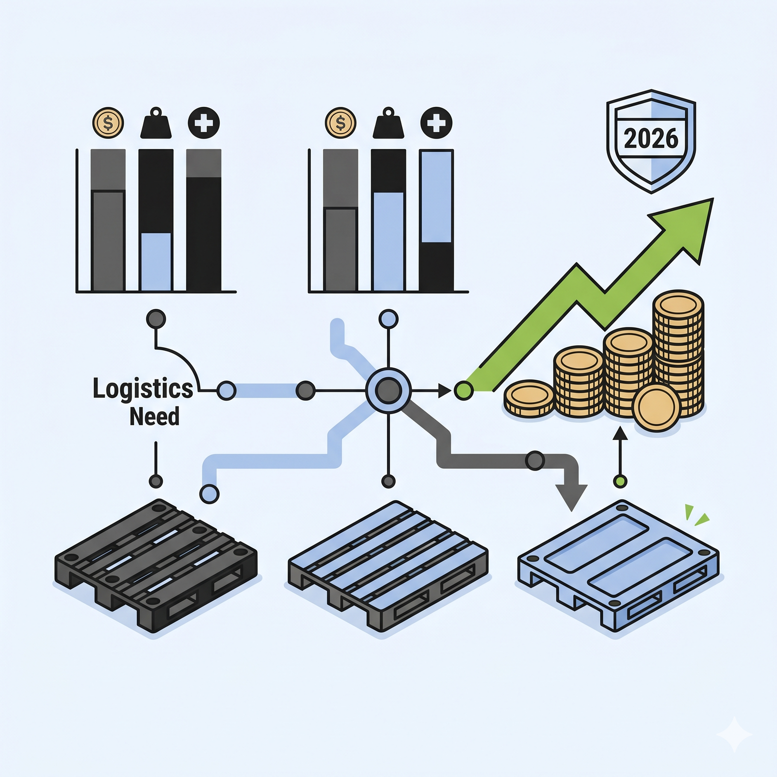 Illustration vectorielle minimaliste au format carré montrant comment l'expertise Flat Cargo transforme la fabrication de palettes bois. Le schéma illustre le passage d'un processus de fabrication inefficace (gauche) à une logistique optimisée et performante (droite) grâce à une validation d'expertise (centre), symbolisée par un bouclier de qualité, une économie circulaire (Vert Flat Cargo), une flèche montante verte, des pièces d'or et un jalon '2026' discret.
