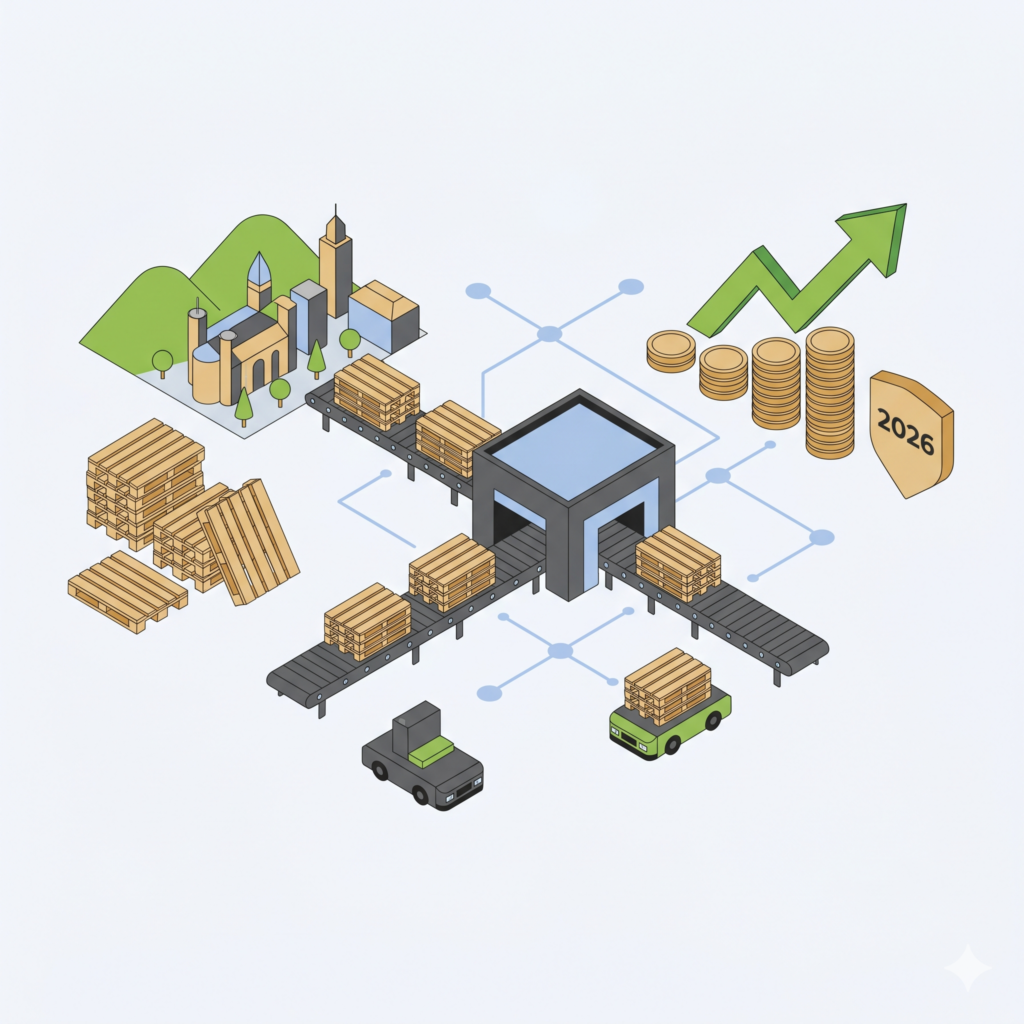 Illustration vectorielle isométrique montrant un fournisseur de palettes industrielles évoquant la ville de Lyon à gauche, un hub central optimisant la performance de la supply chain au centre, ainsi qu'une flèche de croissance verte, des piles de pièces de monnaie et un bouclier marqué 2026 à droite.