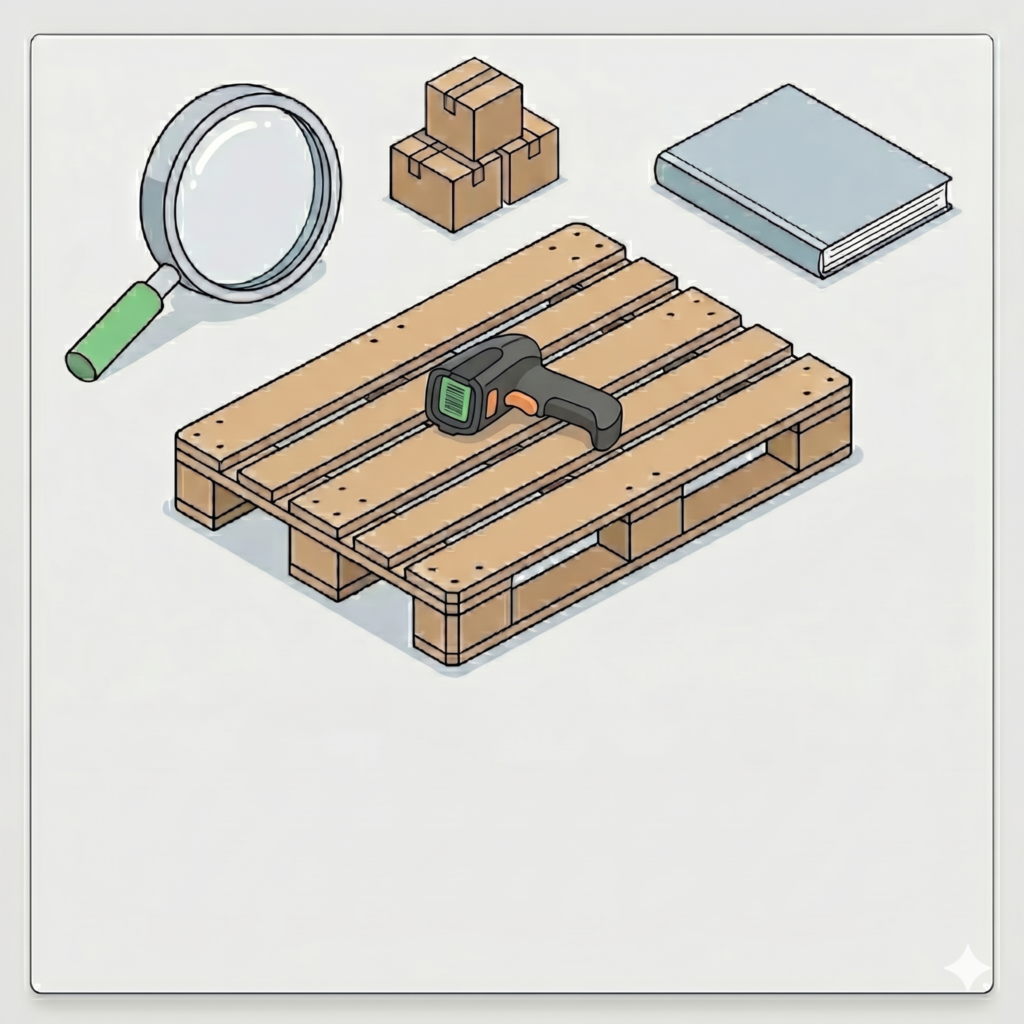 Illustration d'un guide complet sur la palette européenne EPAL avec une palette en bois, un manuel, une loupe et un scanner de code-barres
