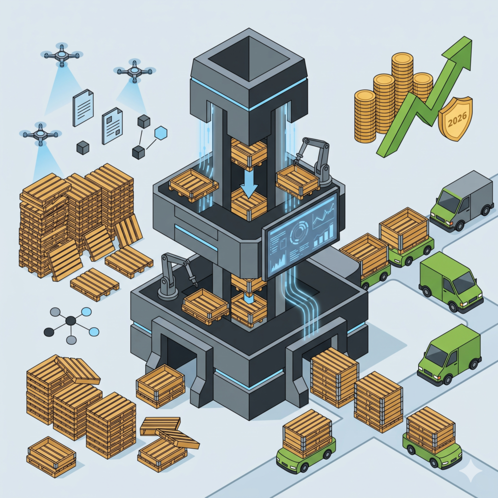 Illustration isométrique d'un hub logistique modulaire automatisé optimisant le tri de rehausses de palettes d'occasion, incluant des drones d'audit, des bras robotiques, et des indicateurs de rentabilité financière verte