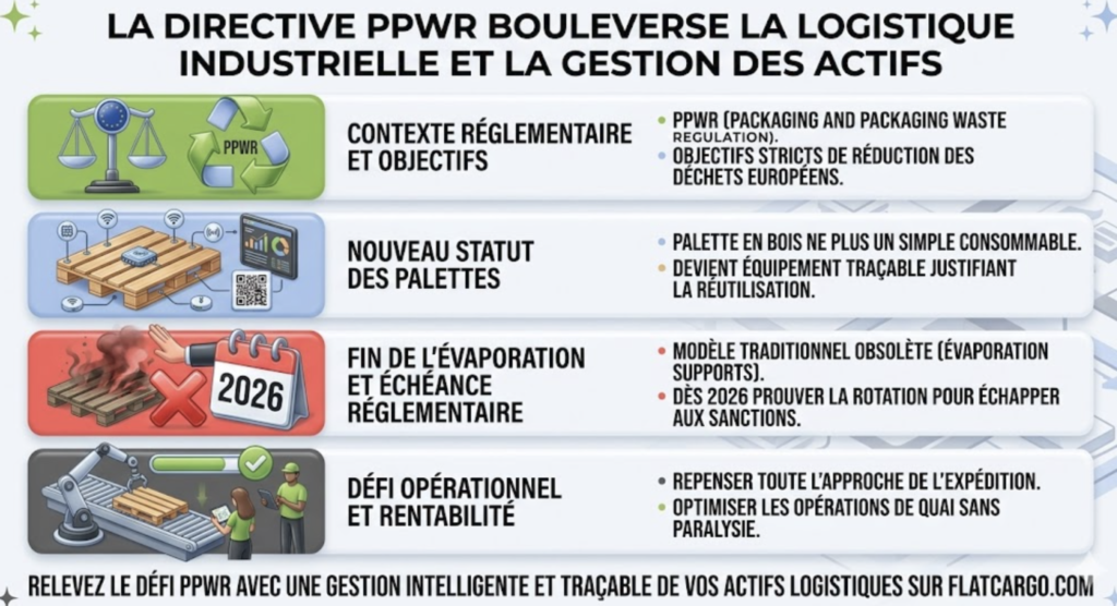 Infographie stratégique pour FlatCargo expliquant comment la directive PPWR bouleverse la logistique industrielle