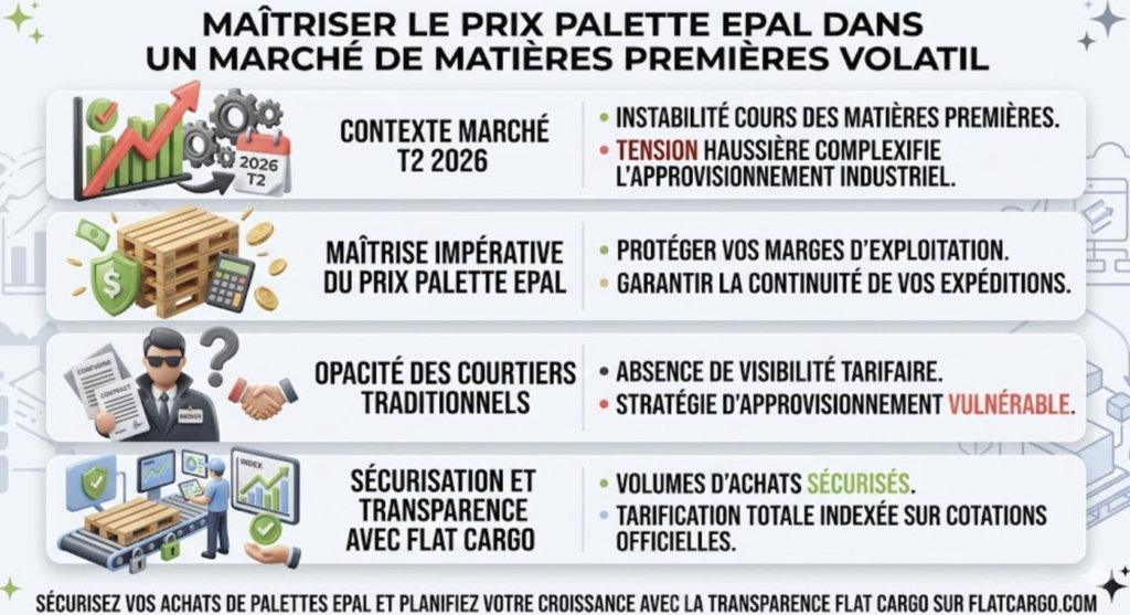 Infographie Flat Cargo expliquant comment maîtriser le prix de la palette EPAL face à la volatilité des matières premières au deuxième trimestre 2026. Le visuel met en contraste l'opacité des courtiers traditionnels avec la solution de sécurisation et de transparence tarifaire proposée par Flat Cargo pour protéger les marges d'exploitation et garantir les approvisionnements industriels.