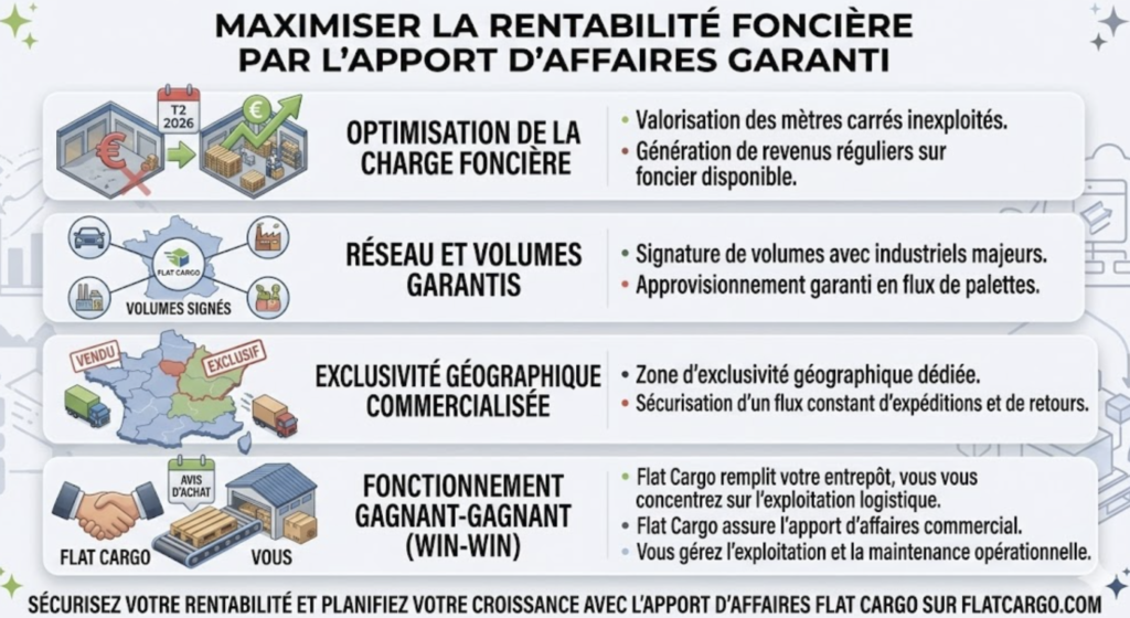 Infographie Flat Cargo expliquant comment maximiser la rentabilité foncière d'un entrepôt. Le visuel détaille la transformation des mètres carrés inexploités en centres de profit grâce à un apport d'affaires garanti, des volumes industriels sécurisés et une gestion commerciale exclusive pour assurer un flux constant d'expéditions.