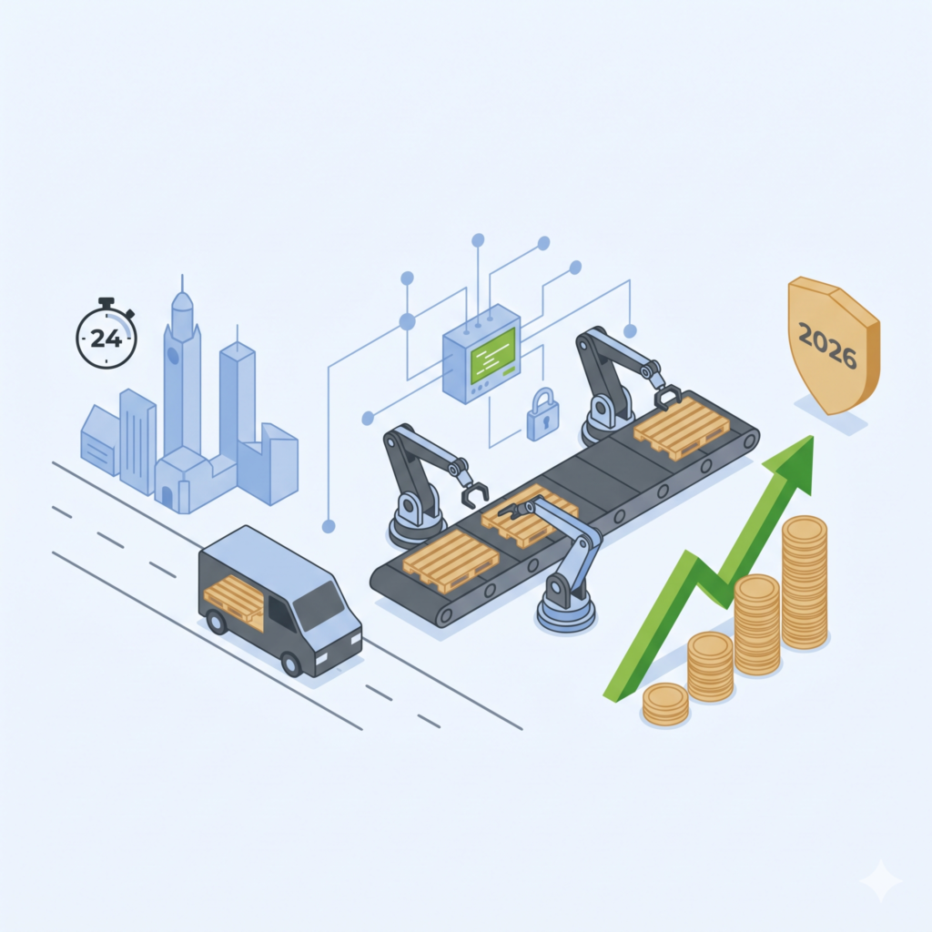 Illustration vectorielle isométrique montrant une livraison de palettes bois en transit avec un chronomètre '24' devant une silhouette de Lille, un hub logistique automatisé et sécurisé par des liens de données, ainsi que des piles de pièces de monnaie, une flèche de croissance verte et un bouclier '2026' à droite.