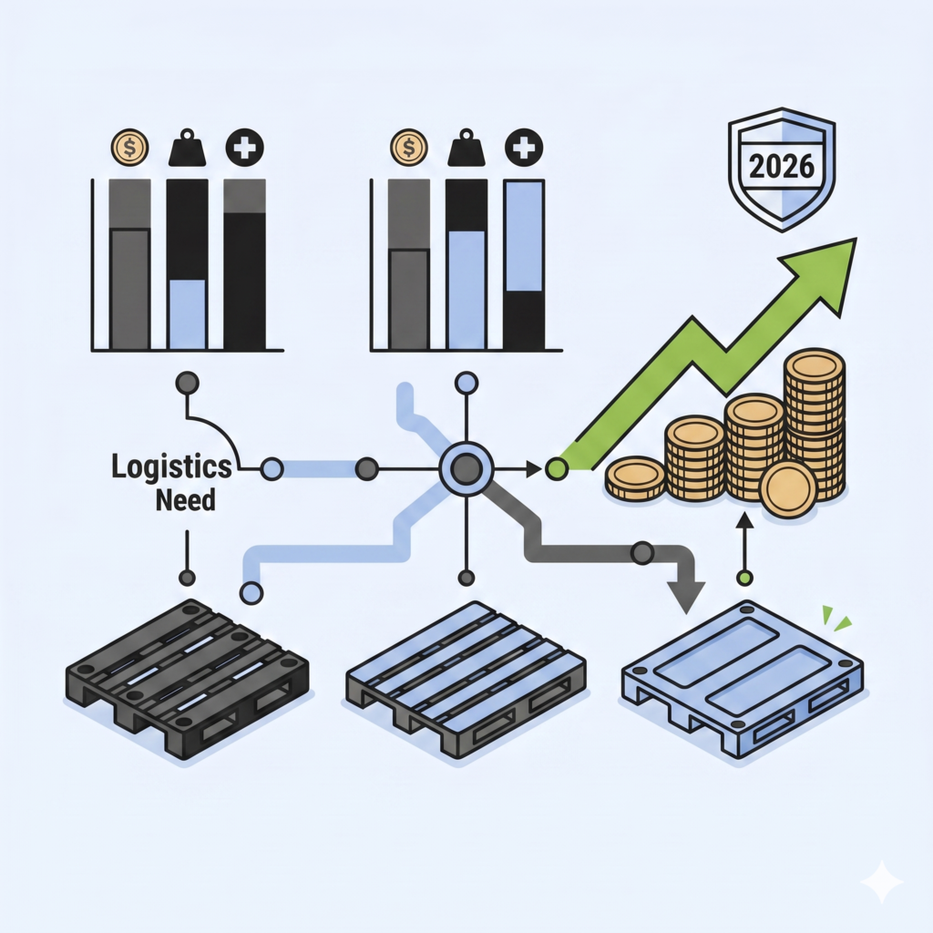 Une illustration vectorielle isométrique conceptualisant une "Matrice d'optimisation du TCO" logistique. À gauche, une palette non protégée montre des cartons endommagés, des pièces éparpillées avec une flèche vers le bas et une icône 'X' de perte. Au centre, une palette en bois de haute qualité est équipée d'une réhausse (collier) validée par une icône de bouclier technique bleu. À droite, le résultat de la solution est représenté par une puissante flèche de croissance verte ascendante, des piles parfaitement organisées de pièces d'or et un jalon doré professionnel inscrit '2026'. Le style est minimaliste, plat, avec des formes géométriques et des lignes nettes, sur un fond blanc propre.
