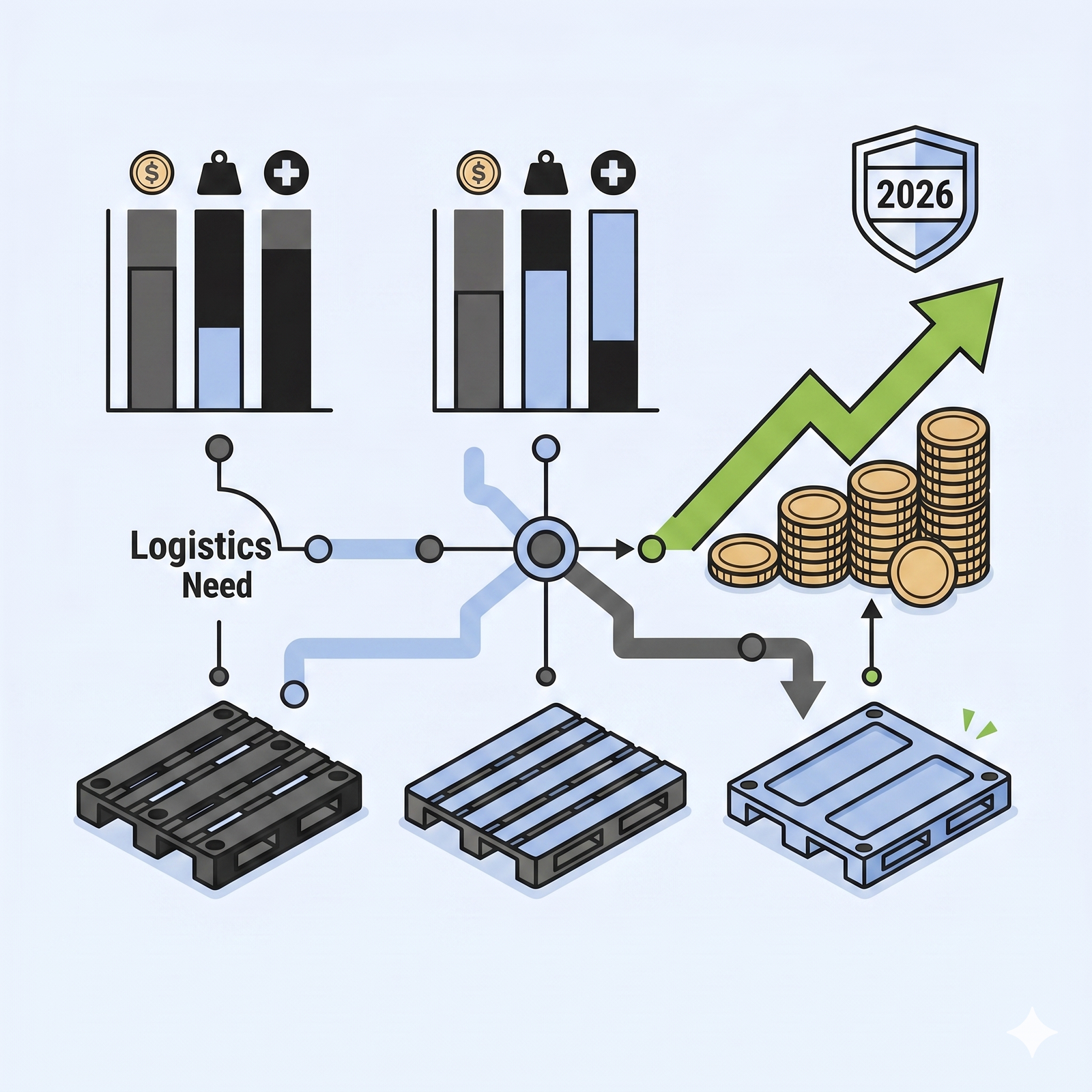 Une illustration vectorielle isométrique conceptualisant une "Matrice d'optimisation du TCO" logistique. À gauche, une palette non protégée montre des cartons endommagés, des pièces éparpillées avec une flèche vers le bas et une icône 'X' de perte. Au centre, une palette en bois de haute qualité est équipée d'une réhausse (collier) validée par une icône de bouclier technique bleu. À droite, le résultat de la solution est représenté par une puissante flèche de croissance verte ascendante, des piles parfaitement organisées de pièces d'or et un jalon doré professionnel inscrit '2026'. Le style est minimaliste, plat, avec des formes géométriques et des lignes nettes, sur un fond blanc propre.