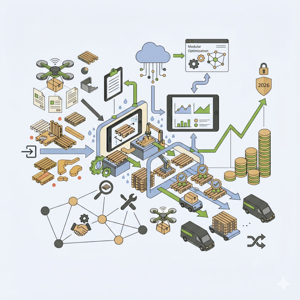 Illustration vectorielle plate isométrique minimaliste au format carré montrant un monument central de logistique modulaire. De gauche à droite, un drone d'audit dématérialisé analyse des palettes brutes. Une console holographique centrale intégrée affiche l'optimisation par l'IA et contrôle le calibrage laser, l'assemblage et le tri multi-niveaux. Le flux optimisé mène à des AGV et fourgonnettes pour la livraison de partenaires. Au sommet à droite, une flèche de croissance verte culmine avec un bouclier doré marqué '2026', adjacent à une structure de trésorerie organisée. Le style est épuré, utilisant la palette de couleurs stricte.