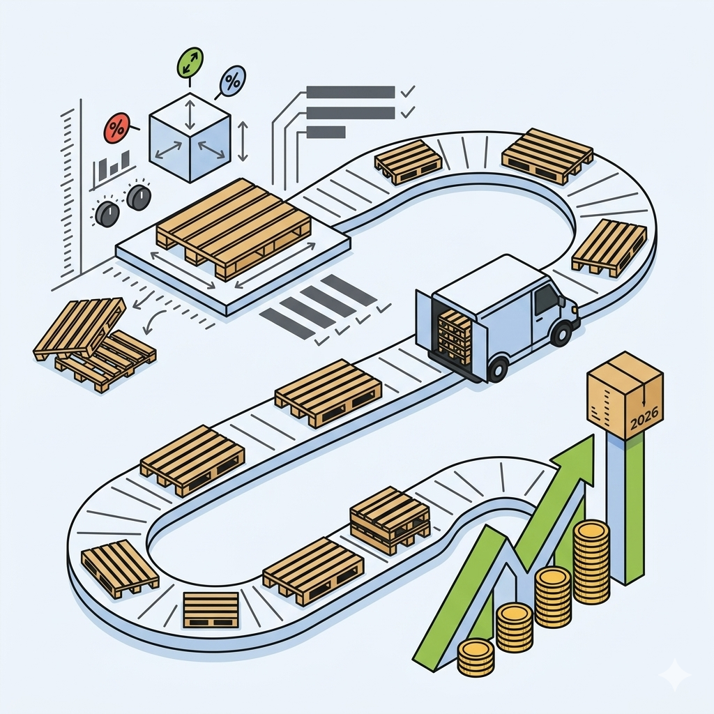 Illustration vectorielle minimaliste au format carré montrant le parcours d'optimisation dimensionnelle d'une palette bois. Une station de calibration (gauche) valide des dimensions précises. Les palettes standardisées et dimensionnées (certaines imbriquées) suivent un parcours winding fluide, optimisant le chargement d'une camionnette de livraison. Le parcours mène à une performance logistique et financière accrue, symbolisée par un graphique ascendant vert, des pièces d'or et un jalon '2026'. Le style est épuré, utilisant la palette de couleurs stricte