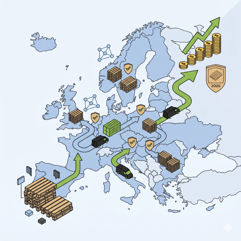 Illustration vectorielle minimaliste au format carré montrant l'optimisation des flux de livraison de palettes bois à travers l'Europe. Une carte simplifiée de l'Europe est parcourue par un réseau de transport fluide et connecté (flèches Vert Flat Cargo et Bleu Doux). Le parcours mène vers une performance logistique et financière accrue, symbolisée par un graphique ascendant vert, des pièces d'or et un jalon '2026' discret. Le style est épuré, utilisant la palette de couleurs stricte.