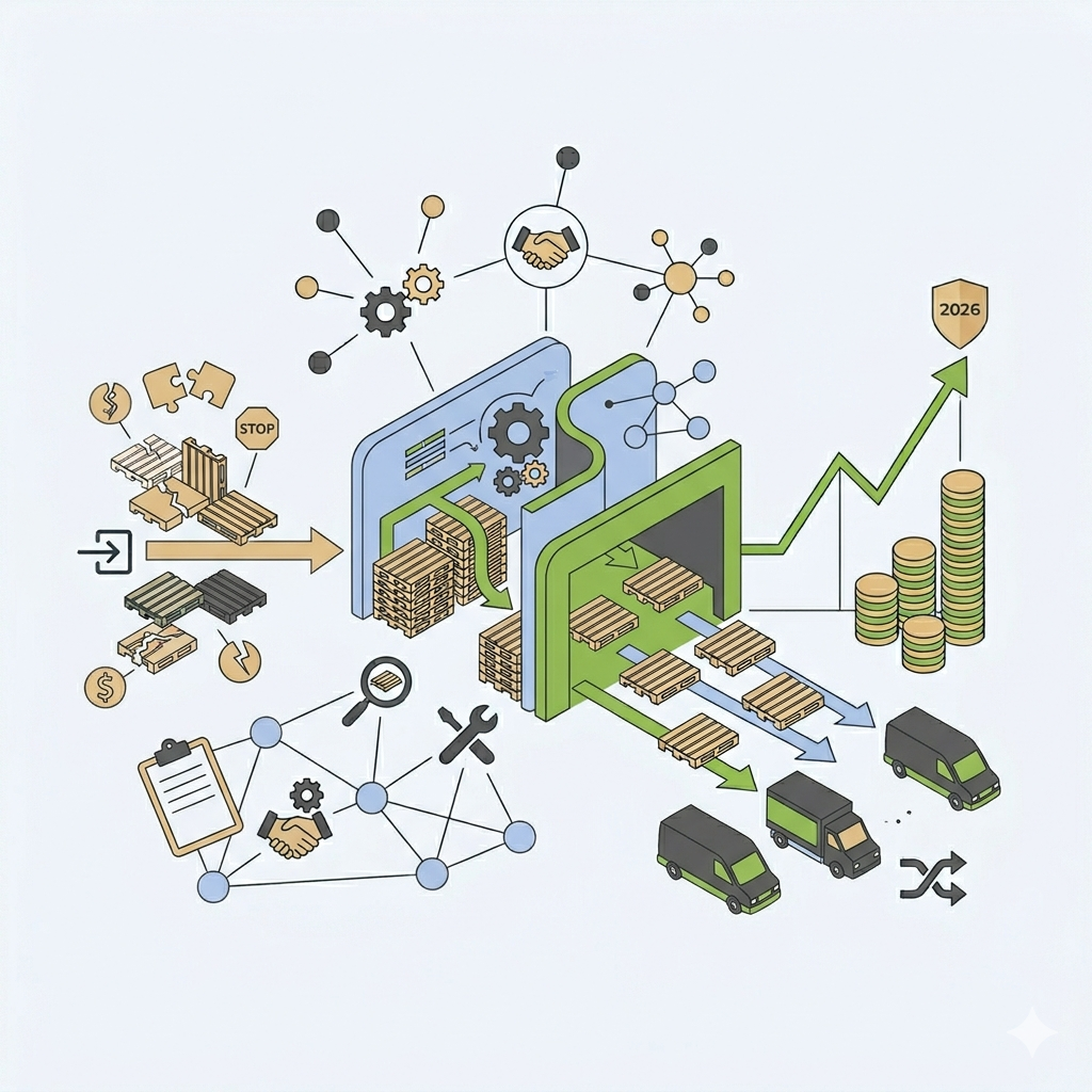 Illustration vectorielle minimaliste au format carré montrant comment l'optimisation logistique des palettes réduit les coûts cachés en transformant une structure fragmentée (gauche) en performance financière (droite). Le schéma illustre la transformation grâce au traitement (milieu), symbolisée par un noyau de transformation de circularité, un hub d'automatisation, une flèche montante verte, des pièces d'or et un jalon '2026' discret, soulignant l'efficacité, la rentabilité et la qualité durable. Le style est épuré, utilisant la palette de couleurs stricte.