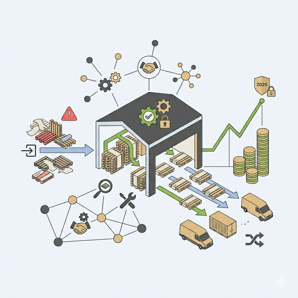 Illustration vectorielle minimaliste au format carré montrant comment l'optimisation du mètre linéaire de plancher et la gestion de la capacité de chargement transforment une logistique problématique (gauche) en performance financière (droite). Le schéma illustre la transformation grâce au traitement (milieu), symbolisée par un plan de sol logistique Tétris, un noyau de transformation de circularité, un hub d'automatisation, une flèche montante verte, des pièces d'or et un jalon '2026' discret, soulignant l'efficacité, la rentabilité et la qualité durable. Le style est épuré, utilisant la palette de couleurs stricte.