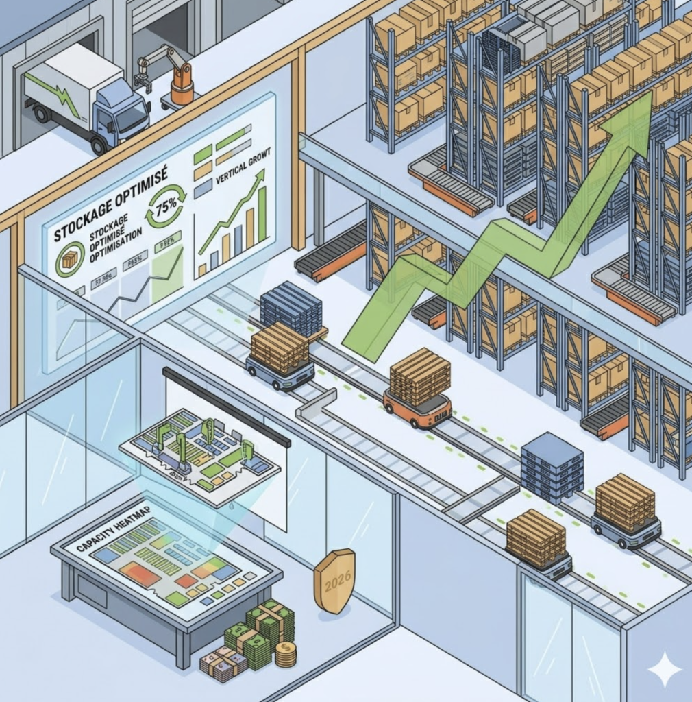Illustration isométrique montrant les stratégies d'optimisation de l'espace dans un entrepôt logistique. L'image présente des systèmes de rayonnages verticaux pour palettes, un chariot élévateur optimisant les flux, et des interfaces numériques analysant la capacité de stockage. La rentabilité est symbolisée par des piles de pièces, une flèche de croissance verte et le bouclier 2026.