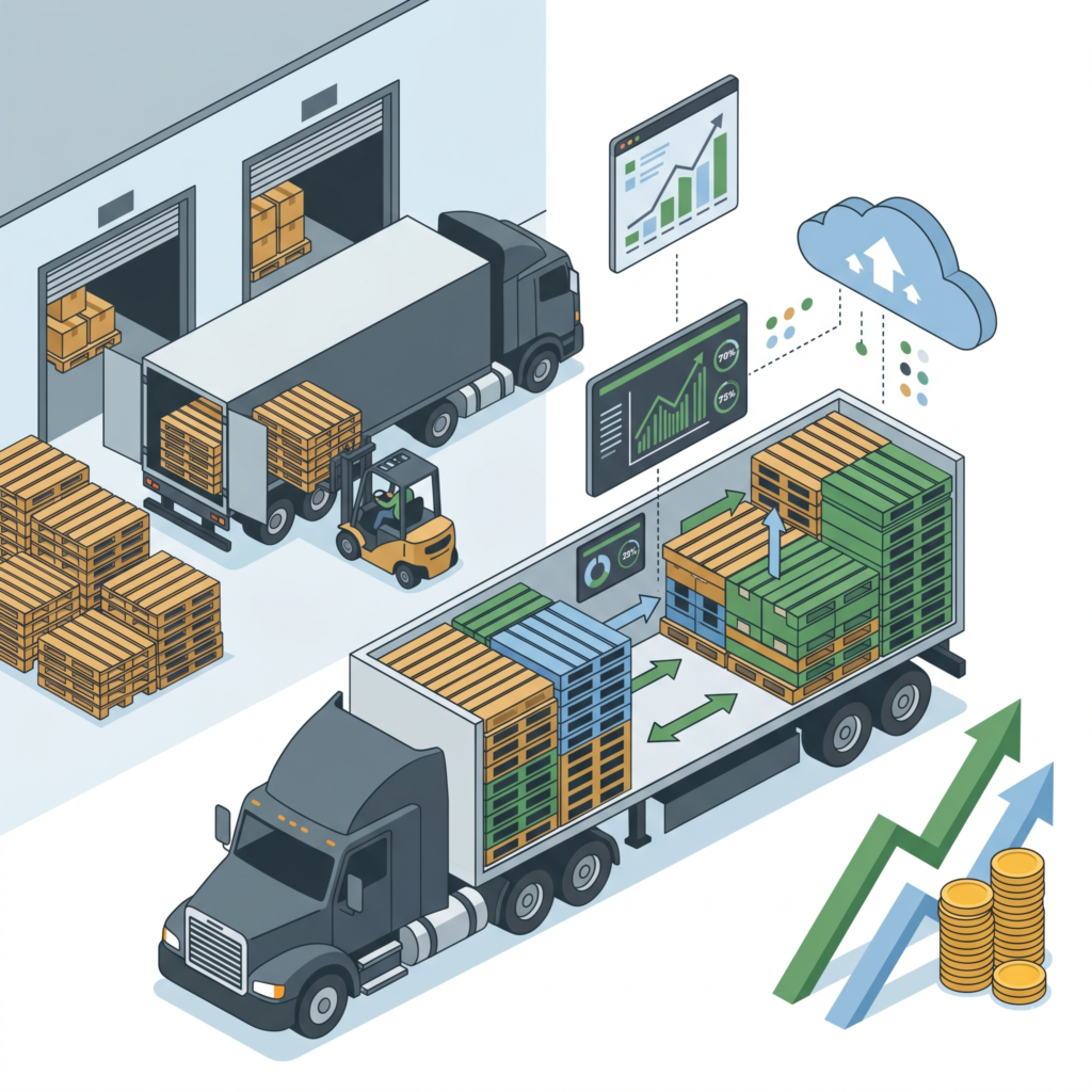 Illustration vectorielle isométrique montrant l'optimisation des vecteurs de chargement routiers. À l'arrière-plan, un chariot élévateur charge un camion à quai. Au premier plan, une remorque de poids lourd ouverte révèle une disposition de palettes optimisée et codée par couleurs pour maximiser l'espace. Des écrans de données connectés au cloud analysent le chargement en temps réel. En bas à droite, des flèches de croissance verte et bleue accompagnées de piles de pièces d'or symbolisent l'efficacité logistique et la rentabilité financière.