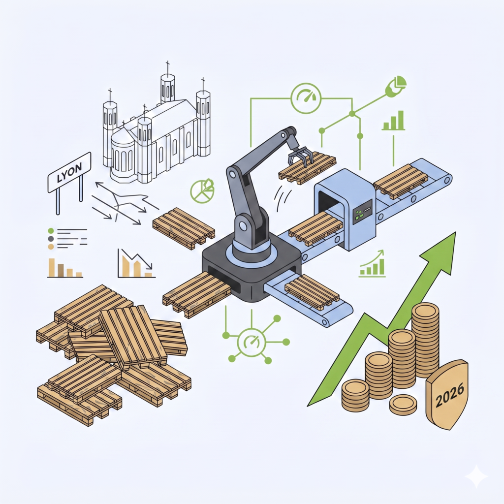 Une illustration vectorielle isométrique conceptualisant la palette standardisée comme levier de performance. À gauche, un empilement chaotique de palettes de tailles irrégulières génère des alertes rouges, des pertes financières et des problèmes de manutention. Au centre, la solution : un chariot élévateur soulève une palette en bois parfaitement standardisée qui agit comme un véritable levier mécanique (posée sur un point d'appui), validée par des icônes de précision (compas et engrenages). À droite, ce levier propulse la rentabilité, illustrée par de puissantes flèches vertes ascendantes, des piles régulières de pièces d'or, des camions de livraison optimisés et un jalon doré marqué '2026'.