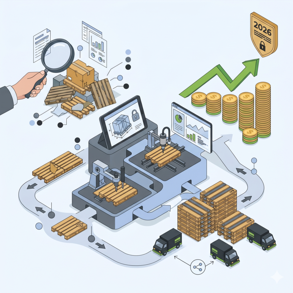 Illustration vectorielle minimaliste au format carré montrant comment l'utilisation de palettes CP8 reconditionnées et sécurisées optimise la logistique de charges industrielles critiques. Le schéma illustre une chaîne de valeur complète : l'audit opérationnel d'inventaire de charges instables (gauche) mène à un système de reconditionnement et sécurisation modulaire compact CP8 (centre) pour la standardisation des palettes. Les palettes CP8 reconditionnées et sécurisées sont intégrées dans une flotte de camionnettes compactes pour une logistique performante et rentable (centre-droit), générant une performance financière accrue, symbolisée par une flèche montante verte, des piles de pièces d'or organisées et un jalon doré '2026' discret, soulignant l'efficacité, la rentabilité et la qualité durable de la solution de sécurisation d'économie circulaire. Le style est épuré, utilisant la palette de couleurs stricte.