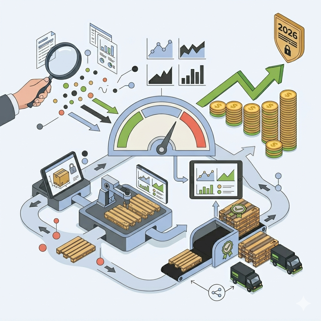 Illustration vectorielle minimaliste au format carré montrant comment l'utilisation de palettes Europe usagées et certifiées, intégrées dans un hub logistique automatisé à plusieurs niveaux (centre), optimise le coût de revient logistique d'ici 2026. Un drone d'audit analytique, des AGV et des drones de livraison illustrent l'innovation. La performance financière est symbolisée par une série de piliers de jalon de performance, chacun avec un graphique de rentabilité projeté, culminant avec un jalon '2026' discret, soulignant l'efficacité, la rentabilité et la qualité durable. Le style est épuré, utilisant la palette de couleurs stricte.