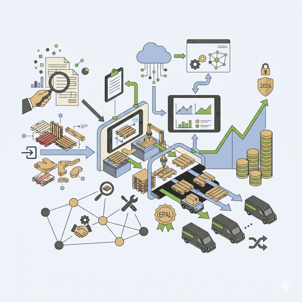 Illustration vectorielle minimaliste au format carré montrant comment l'utilisation de palettes Europe usagées et reconditionnées optimise le coût de revient logistique. Le schéma illustre une chaîne de valeur complète : l'audit opérationnel d'inventaire de palettes usagées (gauche) mène à un système de reconditionnement modulaire compact (centre) pour la standardisation des palettes. Les palettes reconditionnées sont intégrées dans une flotte de camionnettes compactes pour une logistique performante et rentable (centre-droit), générant une performance financière accrue, symbolisée par une flèche montante verte, des piles de pièces d'or organisées et un jalon doré '2026' discret, soulignant l'efficacité, la rentabilité et la qualité durable de la solution d'économie circulaire. Le style est épuré, utilisant la palette de couleurs stricte.