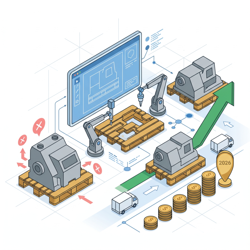 Une illustration vectorielle isométrique montrant l'optimisation de la supply chain grâce aux palettes sur mesure. À gauche, une palette standard inadaptée à une charge irrégulière génère des alertes de gaspillage. Au centre, un processus de conception technique crée une palette en bois parfaitement ajustée à la marchandise. À droite, cette solution sur mesure fluidifie la logistique, illustrée par une flèche de croissance verte, des pièces de monnaie empilées et un jalon doré 2026, symbolisant la réduction des coûts et la performance globale.