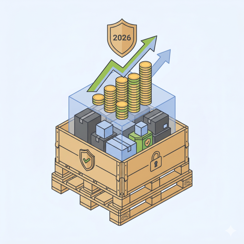 Illustration vectorielle minimaliste au format carré montrant une pile de performance imbriquée construite sur une palette bois EPAL avec des rehausses (colliers de palette) professionnelles. Le schéma illustre comment la rehausse crée une solution sécurisée pour des colis organisés (centre). De cette valorisation émergent une flèche montante verte, des pièces d'or et un jalon '2026' discret, soulignant l'efficacité, la rentabilité et la qualité durable.