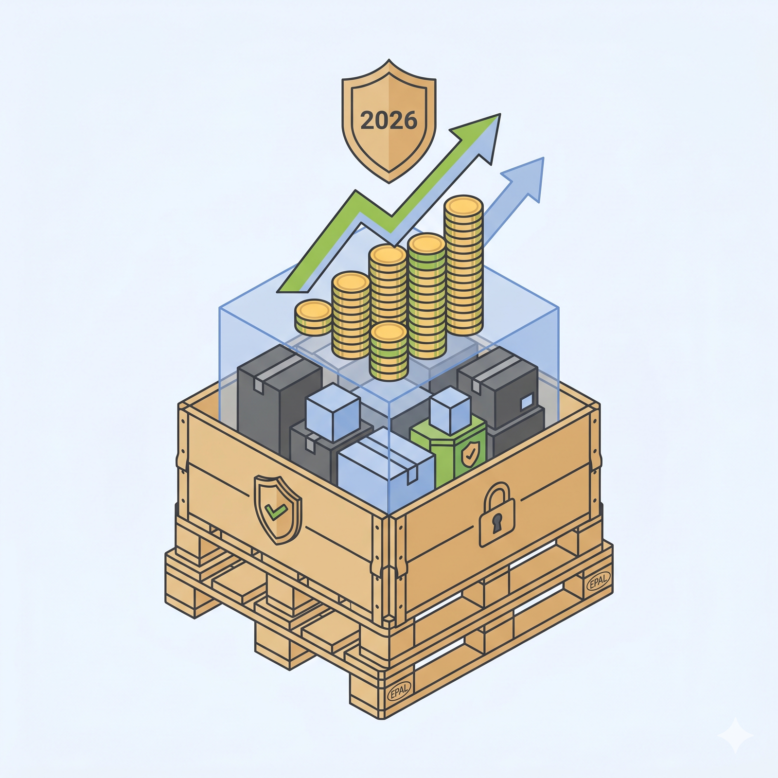 Illustration vectorielle minimaliste au format carré montrant une pile de performance imbriquée construite sur une palette bois EPAL avec des rehausses (colliers de palette) professionnelles. Le schéma illustre comment la rehausse crée une solution sécurisée pour des colis organisés (centre). De cette valorisation émergent une flèche montante verte, des pièces d'or et un jalon '2026' discret, soulignant l'efficacité, la rentabilité et la qualité durable.
