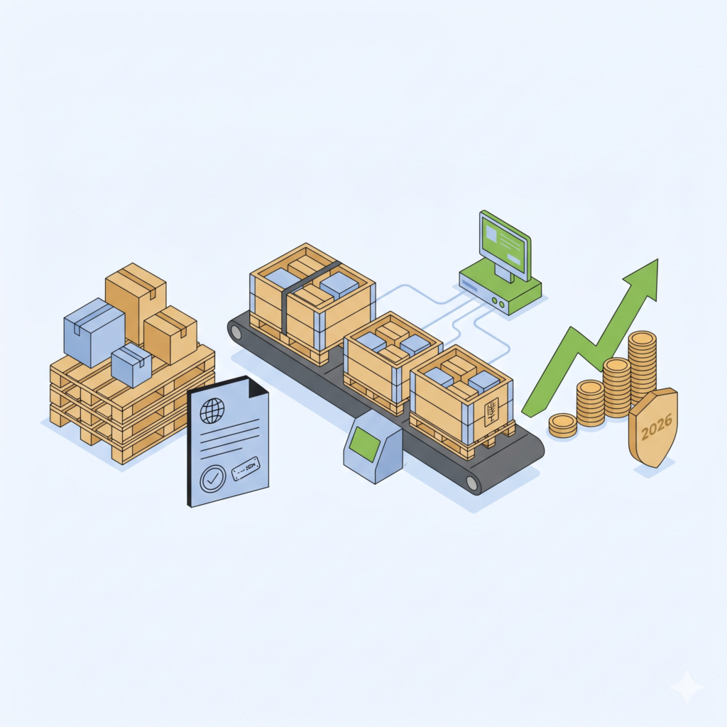 Illustration vectorielle isométrique illustrant des réhausses de palettes Euro et des documents de normes d'exportation à gauche, un flux de contrôle logistique au centre, ainsi qu'une flèche de croissance verte et des pièces de monnaie à droite.