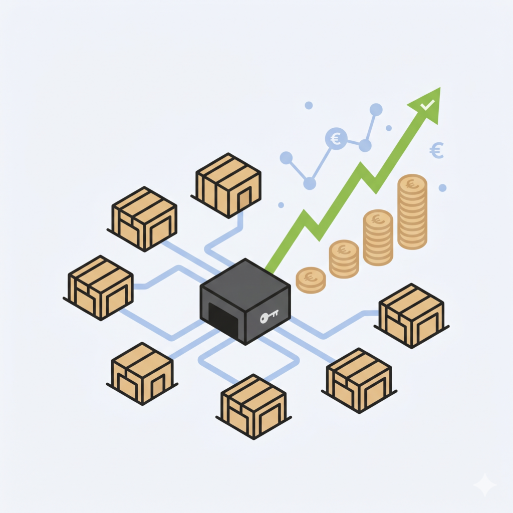 Infographie Flat Cargo présentant une étude de cas sur le hub de Pascal. Le visuel détaille le déploiement logiciel sur 500m², la montée en puissance vers 15 000 rotations mensuelles au 6ème mois, et une rentabilité nette cible entre 18% et 22% d'EBITDA après déduction des charges fixes et redevances.