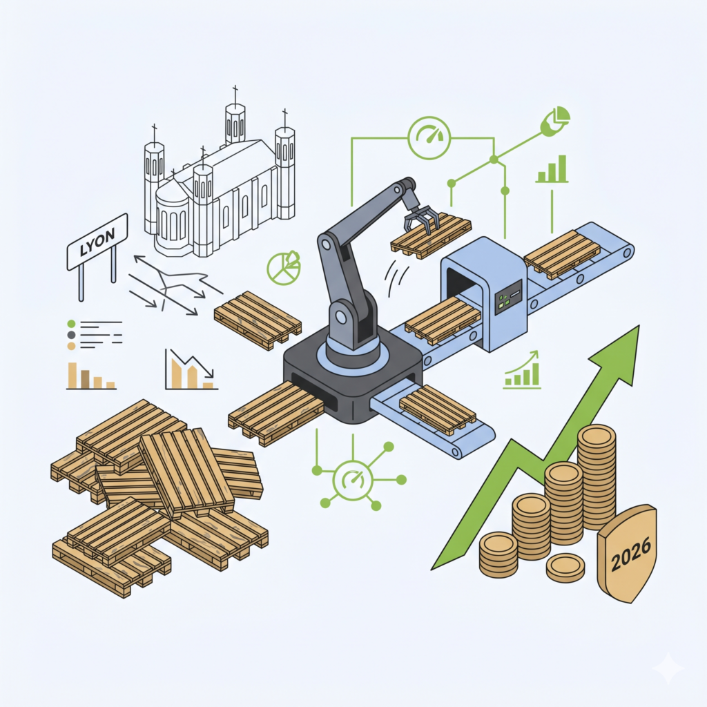 Illustration vectorielle isométrique montrant la reprise de palettes avec un panneau de signalisation indiquant Lyon à gauche, un système robotisé optimisant les flux logistiques au centre, ainsi qu'une flèche de croissance verte, des piles de pièces de monnaie et un bouclier marqué 2026 à droite.