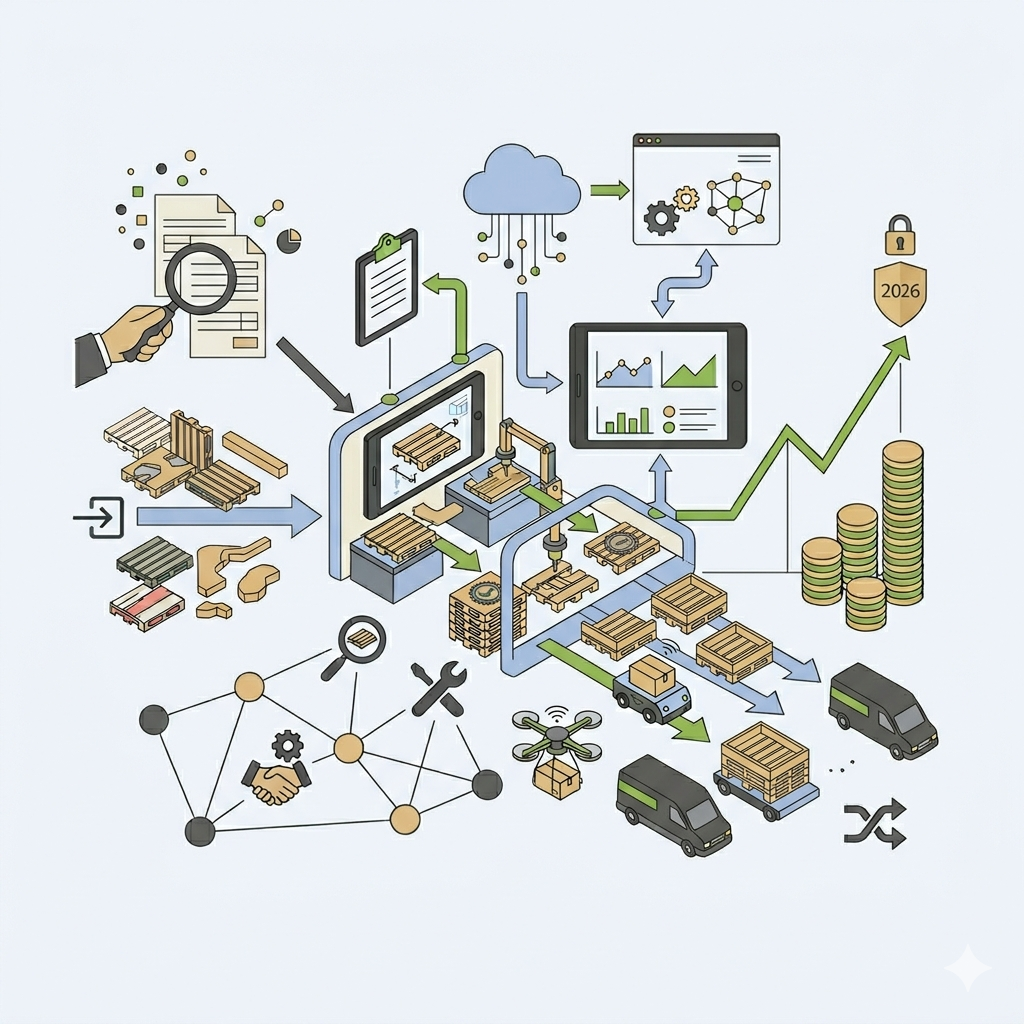 Illustration vectorielle minimaliste au format carré conceptualisant l'optimisation logistique et la transformation numérique. De gauche à droite, un audit opérationnel (main avec loupe, documents dématérialisés) analyse des palettes brutes désorganisées, qui sont ensuite traitées via un hub automatisé (noyau central avec convoyeurs) utilisant l'IA et le suivi en temps réel (tableau de bord connecté, nuage de données, drone, camionnettes). Les flux se transforment en palettes standardisées organisées pour la livraison de partenaires, générant une performance financière accrue, symbolisée par une flèche montante verte, des piles de pièces d'or organisées et un jalon doré '2026' discret, soulignant l'efficacité, la rentabilité et la qualité durable de la solution. Le style est épuré, utilisant une palette de couleurs stricte.