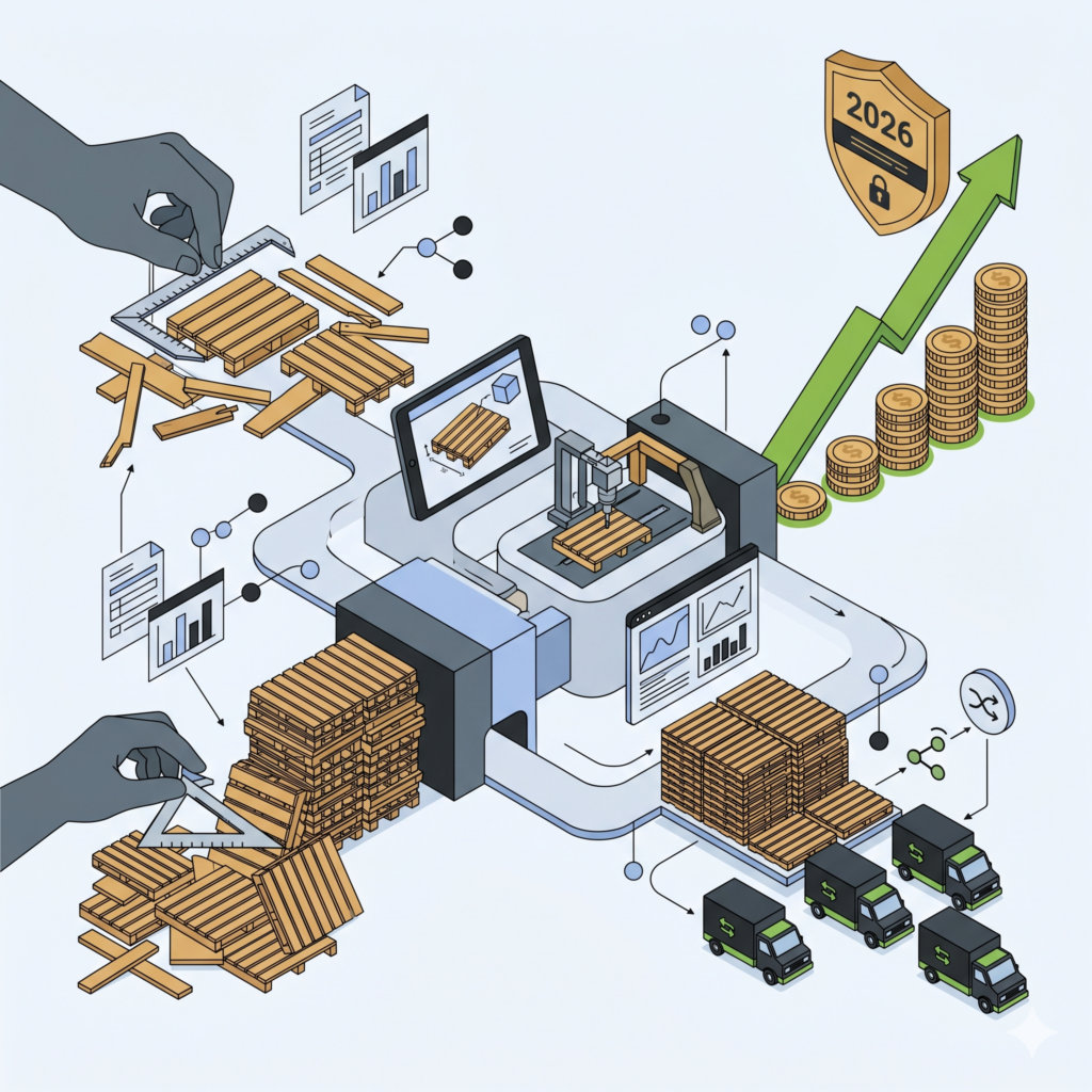 Une illustration vectorielle isométrique plate détaillant un processus complet d'optimisation de la performance logistique et de la fabrication de palettes bois. Le schéma montre, de gauche à droite, l'analyse d'intrants désorganisés et de données de performance par de grandes mains et des icônes d'audit (loupe, graphiques, engrenages), un système de traitement centralisé avec des écrans de contrôle pour la standardisation et l'optimisation des flux, et la sortie de piles de palettes parfaites chargées sur une flotte de livraison de camionnettes vertes. Culminant en haut à droite, une courbe de tendance verte ascendante, des piles de pièces d'or croissantes et un jalon doré marqué '2026' symbolisent la rentabilité et le succès financier accrus d'ici 2026 grâce à l'efficacité du système. Le style est épuré, utilisant une palette de couleurs stricte.