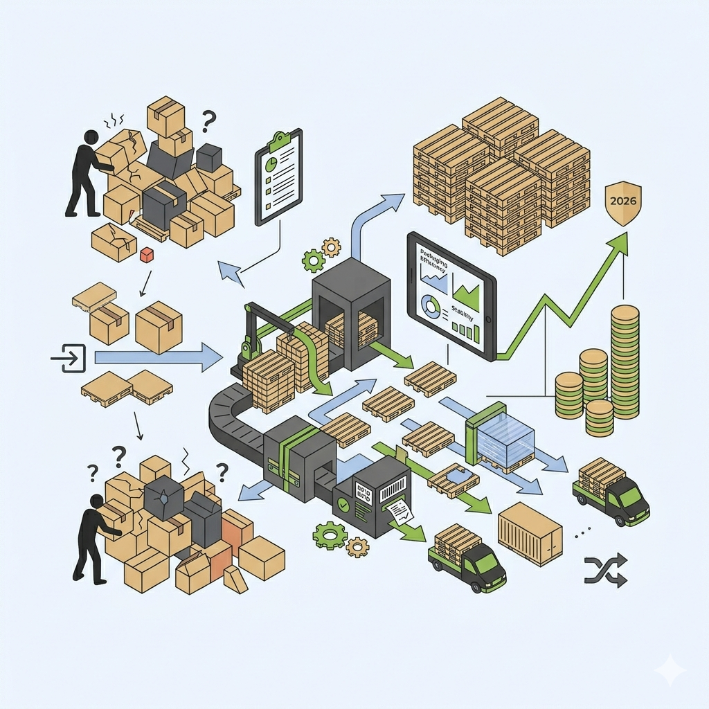 Illustration vectorielle minimaliste au format carré montrant comment les stratégies d'emballage industriel des palettes et l'optimisation des performances de fin de ligne transforment une logistique problématique (gauche) en performance financière (droite). Le schéma illustre la transformation grâce au traitement (milieu), symbolisée par un noyau de transformation de circularité, un hub d'automatisation, une flèche montante verte, des pièces d'or et un jalon '2026' discret, soulignant l'efficacité, la rentabilité et la qualité durable. Le style est épuré, utilisant la palette de couleurs stricte.