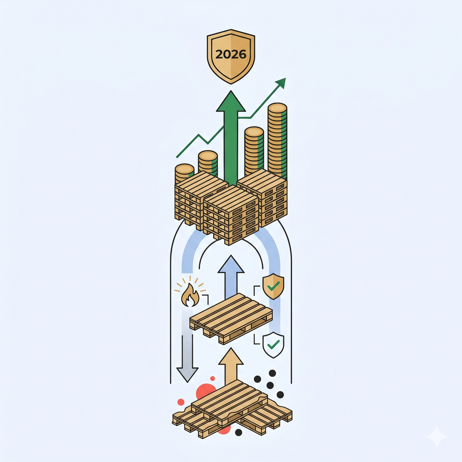 Illustration vectorielle minimaliste au format carré montrant comment le traitement des palettes bois optimise la performance logistique. Un parcours ascendant vertical illustre la transformation d'un état brut (bas) en une logistique performante et rentable (haut) grâce au traitement (milieu), symbolisé par un bouclier de certification, une flèche montante verte, des pièces d'or et un jalon '2026' discret, soulignant l'efficacité et la qualité.
