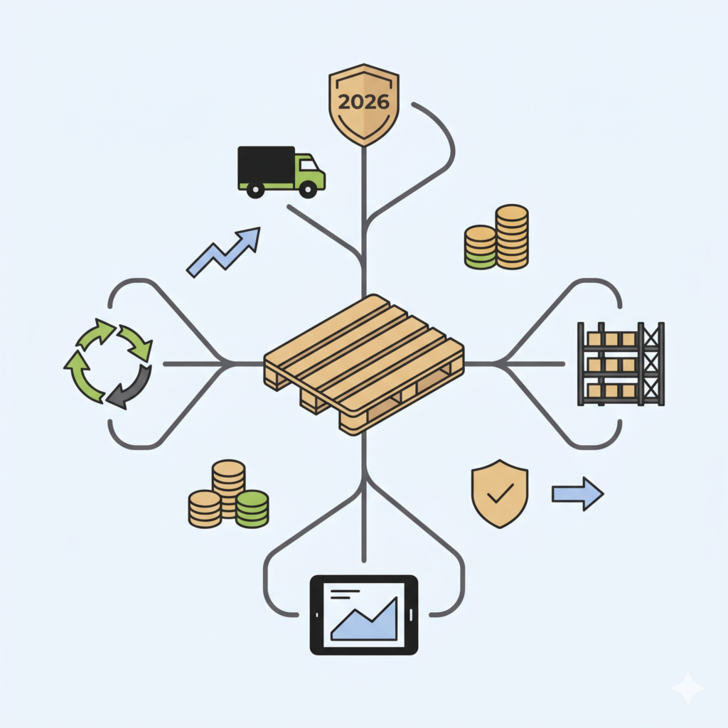 Illustration vectorielle minimaliste au format carré montrant un réseau conceptuel centrée sur une palette bois. Des branches optimisées relient la palette au transport, au stockage, à la gestion et au recyclage. Des icônes de performance et de rentabilité, comme une flèche montante, des pièces d'or et un jalon '2026' discret, soulignent l'optimisation de la supply chain. Le style est épuré, utilisant la palette de couleurs stricte.