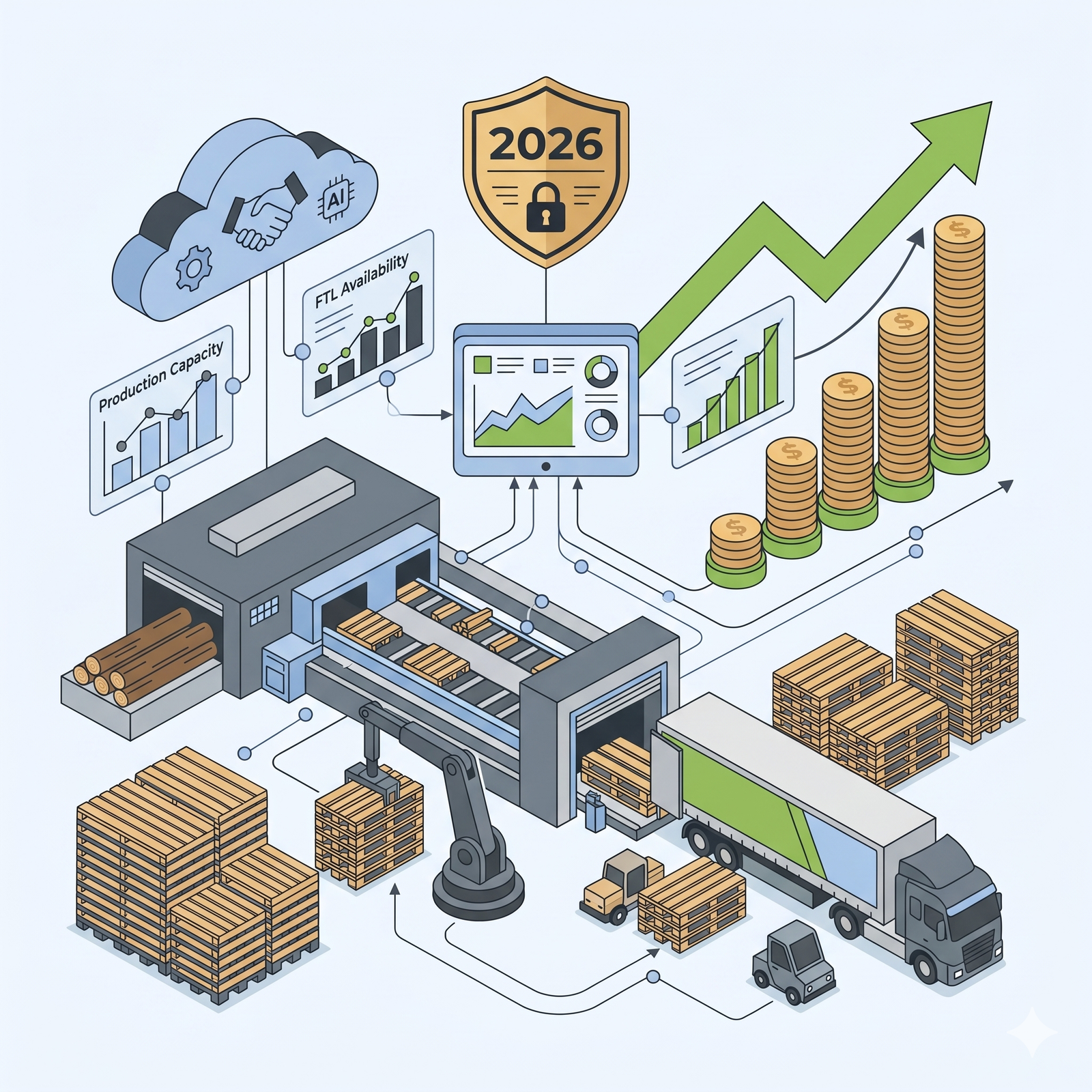 Illustration vectorielle minimaliste et isométrique représentant l'achat direct de palettes Europe par camion complet (FTL) en sortie de scierie. À gauche, des matières premières bois sont transformées par une ligne de production automatisée. Au centre, des données en temps réel affichent la capacité de production et la disponibilité des camions (FTL). À droite, un semi-remorque est chargé de palettes standardisées prêtes pour l'expédition. Le flux logistique optimisé génère une performance financière ascendante, symbolisée par une flèche de croissance verte, des piles de pièces d'or organisées et un jalon doré "2026" discret, soulignant la rentabilité et l'efficacité directe de l'approvisionnement industriel.