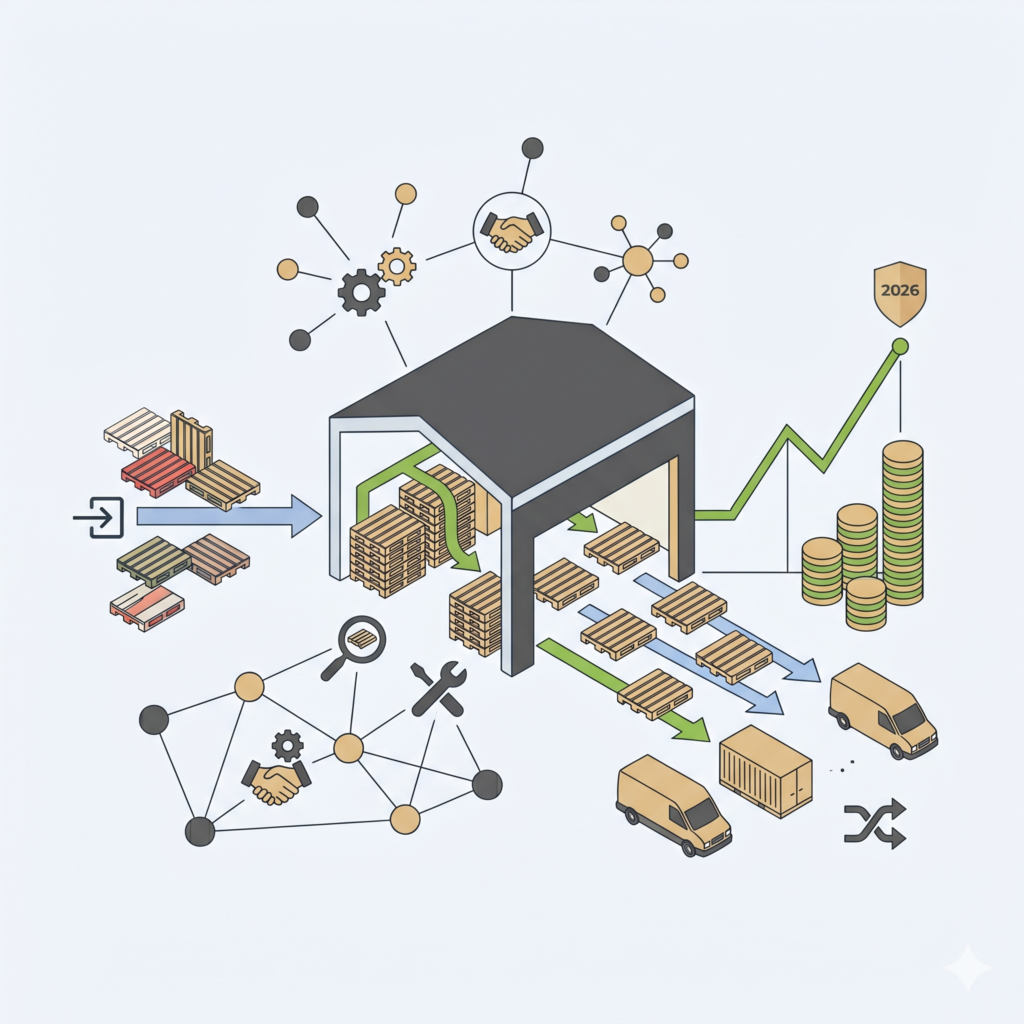 Illustration vectorielle minimaliste d'un hub logistique central et connecté. Le schéma montre comment un hub gère les flux de marchandises en s'appuyant sur un réseau de partenariats et de transporteurs externalisés (pas de camions propres), transformant un désordre initial (à gauche) en performance logistique (à droite), symbolisée par un graphique de performance ascendante, des pièces d'or et un jalon '2026'. Le style est épuré et géométrique.