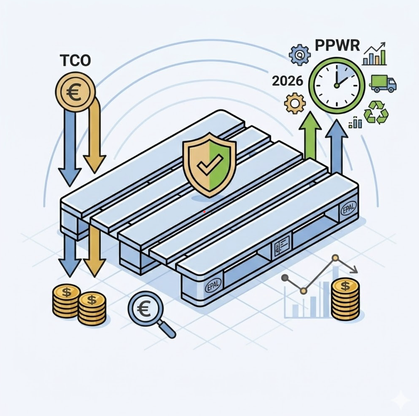 Illustration minimaliste montrant la transformation de la contrainte réglementaire PPWR en gain financier grâce à une gestion optimisée du parc de palettes bois, avec un graphique de rentabilité ascendante et des symboles de conformité.