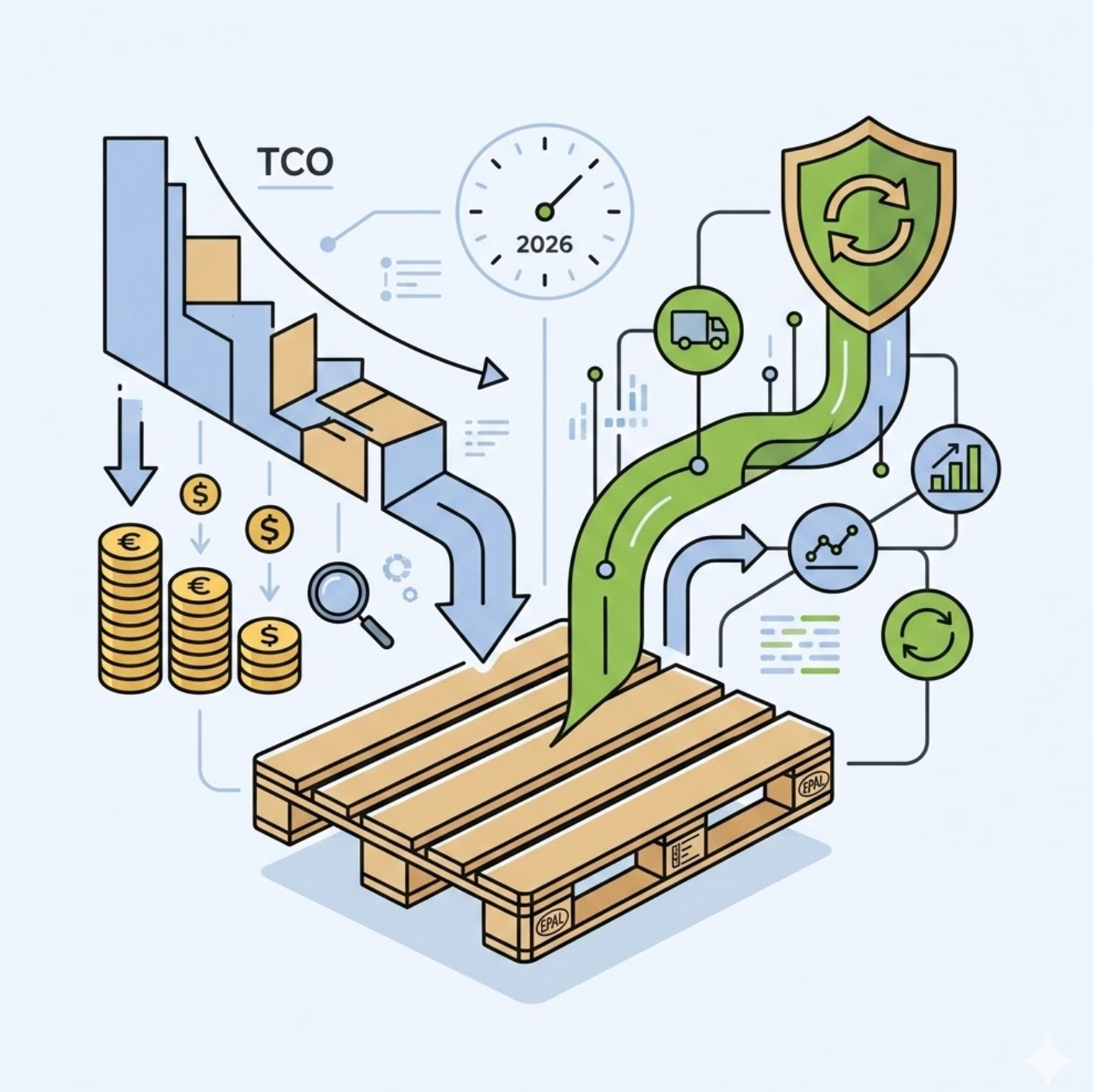 Gestion de parc palettes et stratégies d'optimisation illustrées par un schéma minimaliste montrant la diminution du coût total de possession et l'élimination des coûts cachés industriels grâce à des flux de rentabilité clairs.