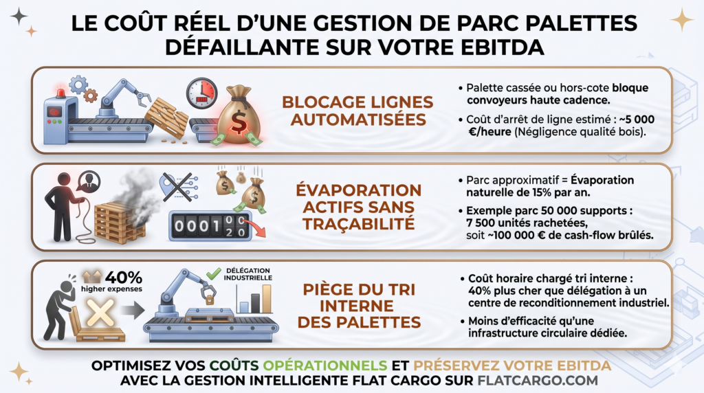 Infographie stratégique Flat Cargo détaillant l'impact d'une gestion de parc palettes défaillante sur l'EBITDA. Le visuel illustre trois coûts opérationnels majeurs : le crash des lignes automatisées avec un coût d'arrêt d'environ 5 000€/heure ; l'hémorragie des actifs avec une évaporation naturelle de 15% par an, représentant ~100 000€ de cash-flow brûlés ; et le piège du tri interne, 40% plus cher que la délégation à un centre de reconditionnement industriel. Conclusion : Optimisez vos coûts opérationnels et préservez votre EBITDA avec la gestion intelligente Flat Cargo sur flatcargo.com.