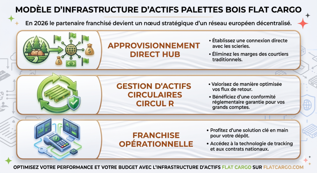 Infographie Flat Cargo présentant l'évolution du modèle palettes vers une infrastructure d'actifs intégrée en 2026. Le visuel détaille les trois piliers stratégiques pour votre rentabilité : l'approvisionnement direct en hub pour supprimer les intermédiaires, la gestion circulaire Circul R pour valoriser les flux de retour, et la franchise opérationnelle incluant la technologie de tracking et l'accès aux contrats nationaux