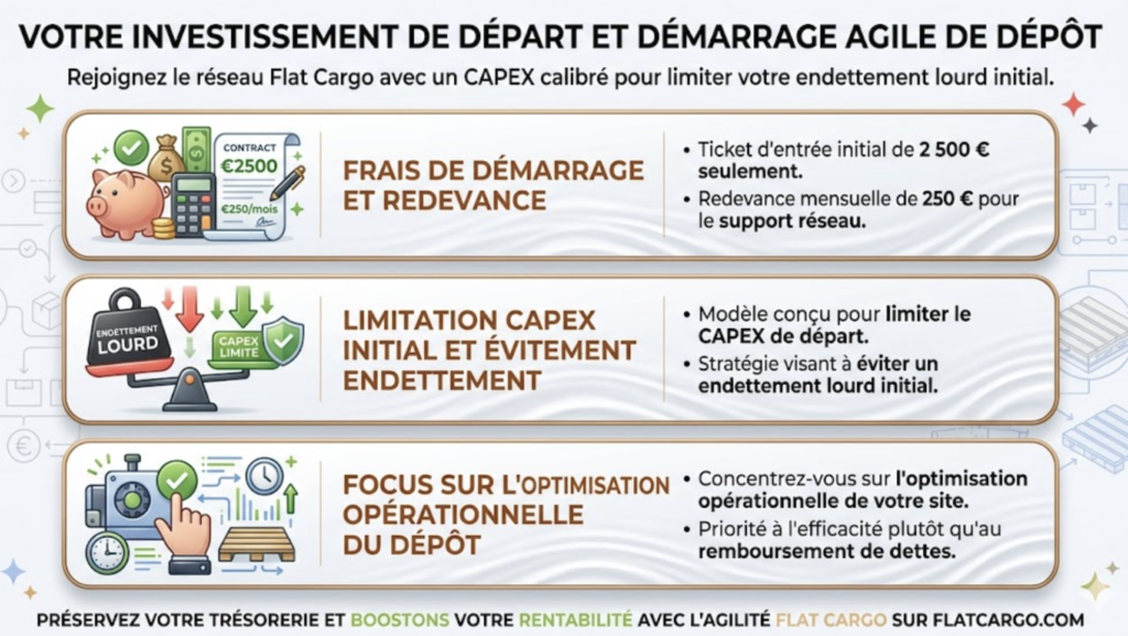 Infographie Flat Cargo détaillant l'investissement initial réduit pour ouvrir un dépôt de palettes en 2026. Le visuel illustre le ticket d'entrée de 2 500 € et la redevance mensuelle de 250 €, la limitation du CAPEX pour éviter l'endettement lourd initial, et le focus stratégique sur l'optimisation opérationnelle pour maximiser la rentabilité opérationnelle du site sur flatcargo.com