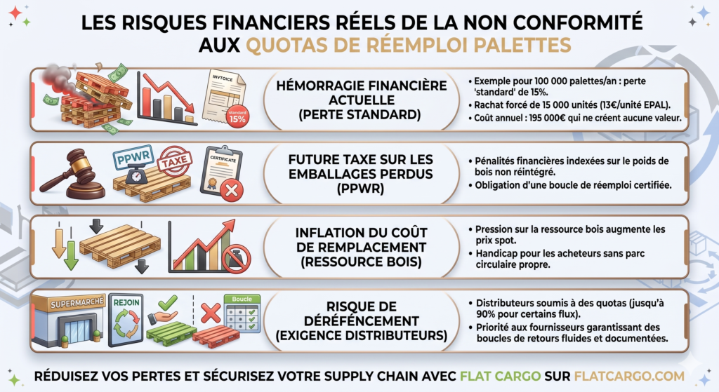 Infographie stratégique Flat Cargo détaillant les risques financiers réels de la non-conformité aux quotas de réemploi de palettes (PPWR) pour un industriel. Le visuel illustre quatre points clés : l'hémorragie financière actuelle de 195 000€/an pour une perte standard de 15% sur 100 000 palettes EPAL ; la future taxe PPWR sur les emballages perdus ; l'inflation du coût de remplacement par pression sur la ressource bois pour les parcs non circulaires ; et le risque de déréférencement par les distributeurs exigeants des boucles de retours documentées jusqu'à 90% pour certains flux.