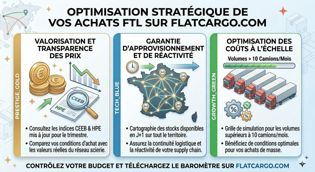 Infographie stratégique Flat Cargo expliquant comment optimiser votre stratégie d'achat FTL (Full Truck Load). Le visuel détaille trois piliers de notre baromètre exclusif : l'accès aux indices CEEB et HPE mis à jour pour le trimestre afin de comparer vos conditions d'achat avec les valeurs scierie réelles ; la cartographie des stocks disponibles en J+1 sur tout le territoire pour garantir votre approvisionnement et réactivité ; et une grille de simulation pour volumes supérieurs à 10 camions par mois pour optimiser vos coûts à l'échelle. Un appel à l'action invite à télécharger le baromètre sur flatcargo.com.